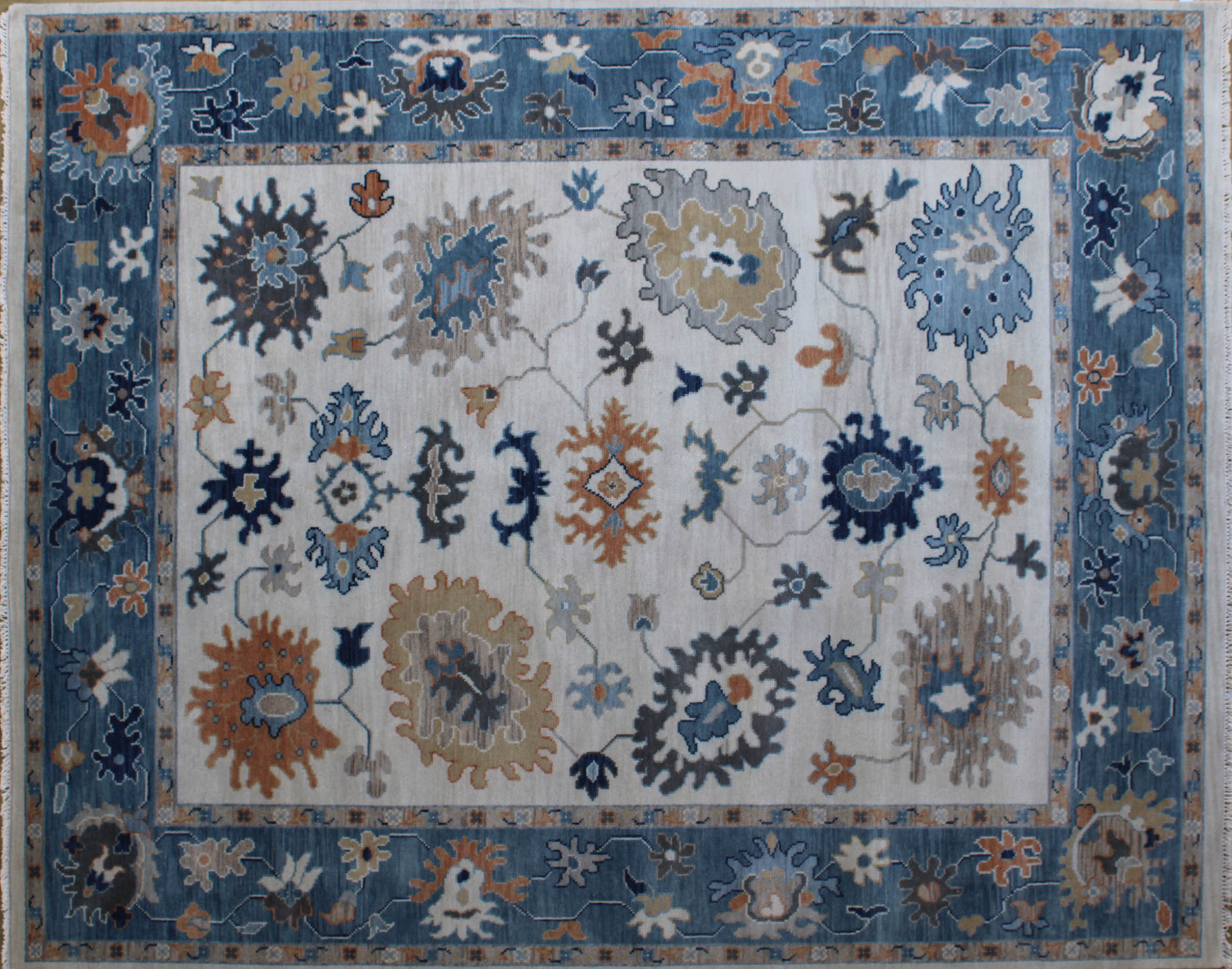 Oushak Ivory and Blue Floral Rug 8ft x 10ft - Handknotted Carpet Manufacturer Mirzapur